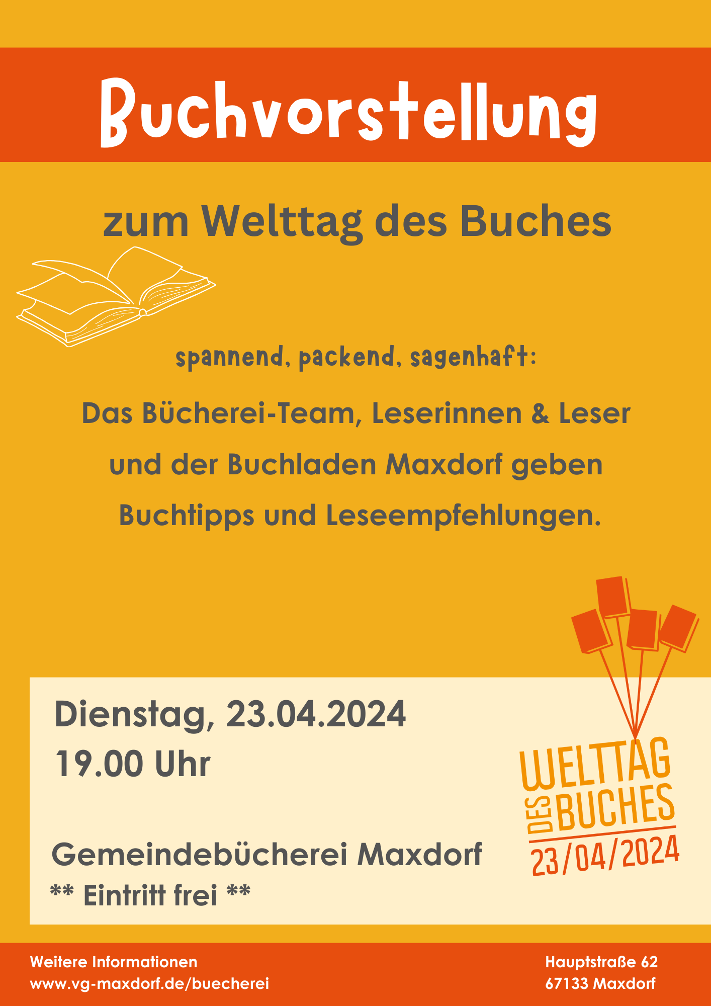 Plakat Einladung zum Literaturabend am welttag des Buches am 23 April 2024 um 19 Uhr