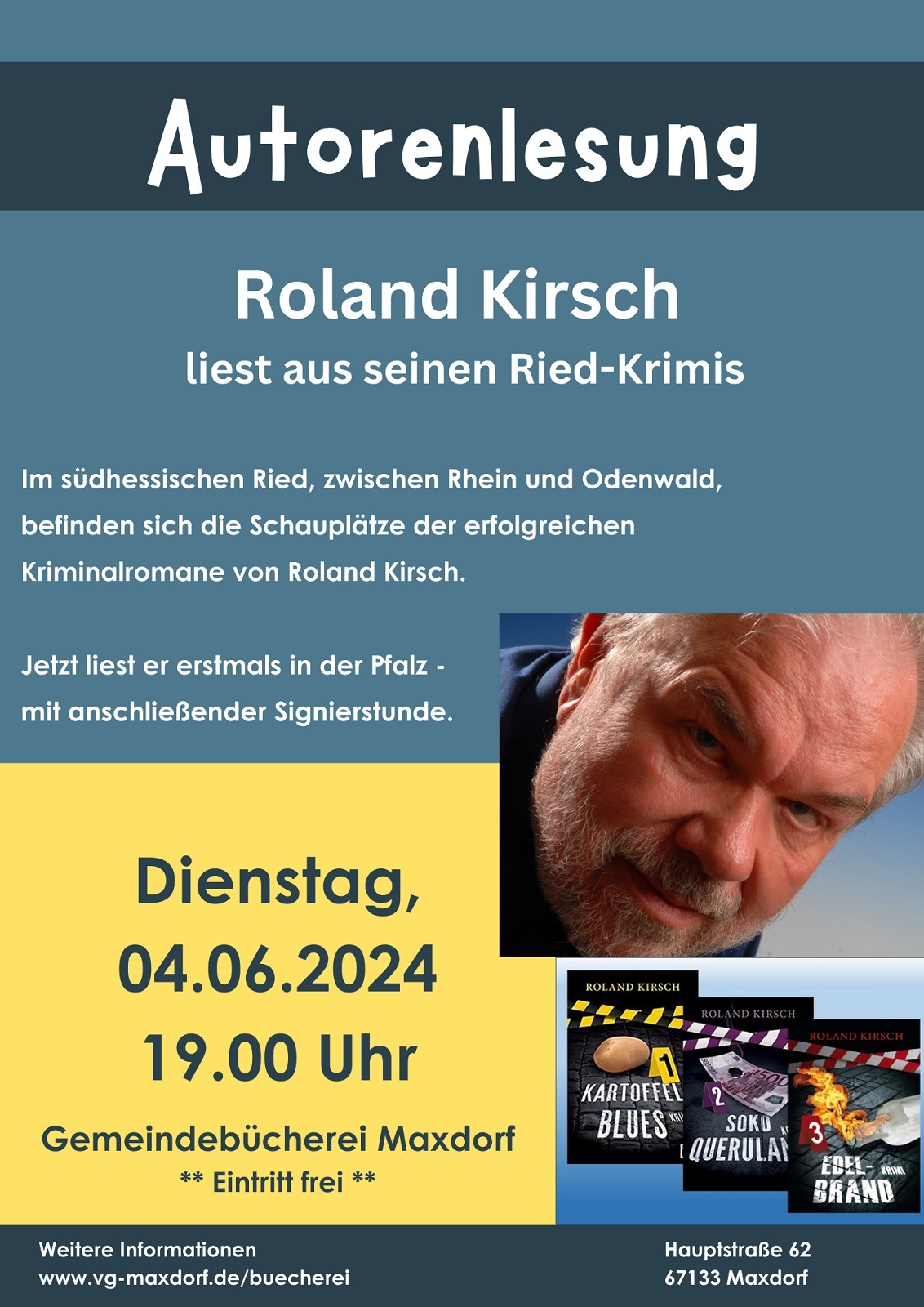 Plakat Einladung zur Autorenlesung am 6. April in der Bücherei Maxdorf um 19 Uhr