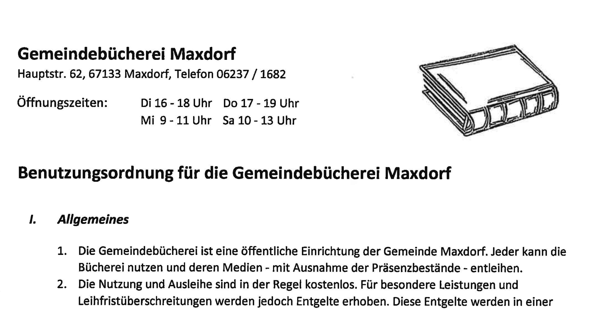 Bild des Deckblattes der Benutzungsordnung Gemeindebücherei Maxdorf