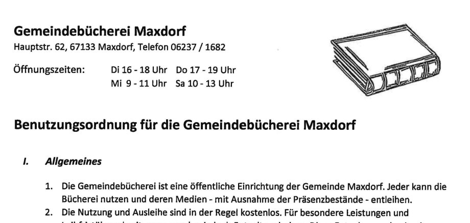 Bild des Deckblattes der Benutzungsordnung Gemeindebücherei Maxdorf