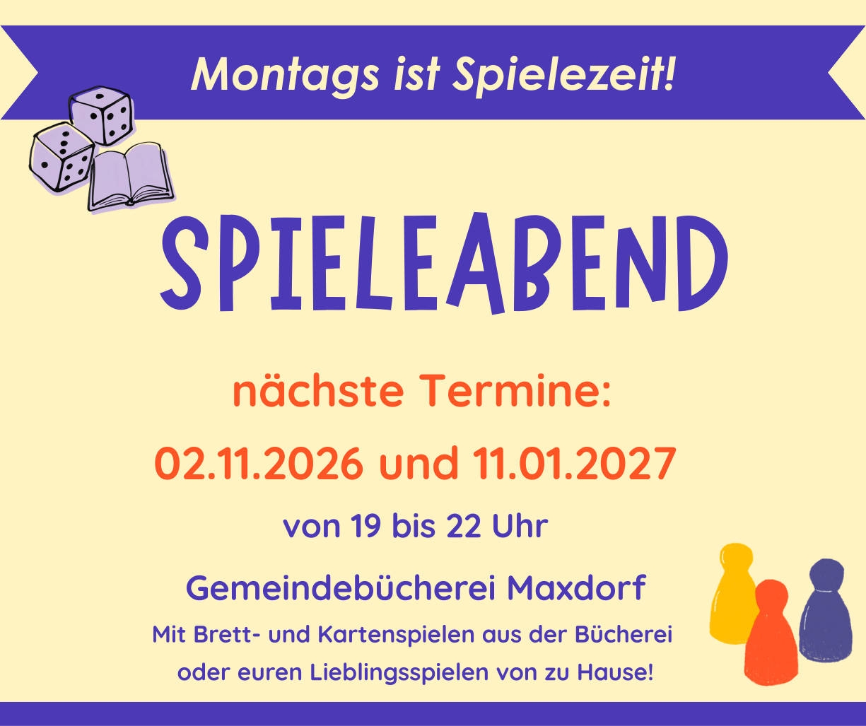 Plakat Spieleabend am 2. November 2026 und am 11. Januar 2027