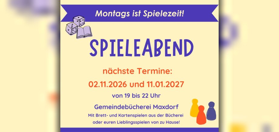 Plakat Spieleabend am 2. November 2026 und am 11. Januar 2027