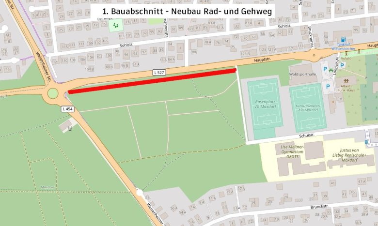 Lageplan, Kartenausschnitt mit eingezeichnetem ersten Bauabschnitt