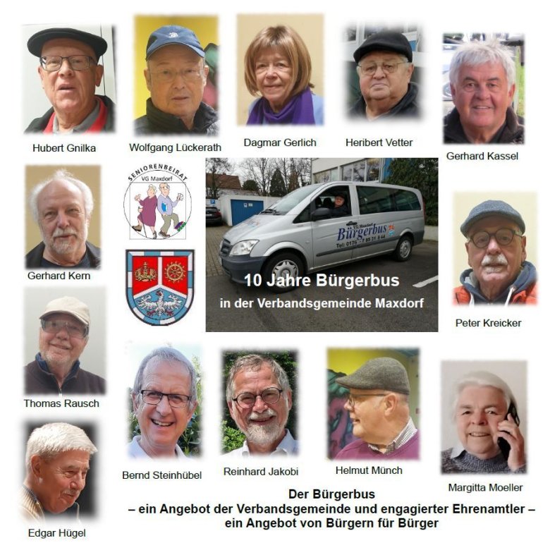 Fotocollage Portraitfotos der Bürgerbusfahrer:innen Logo der verbandsgemeinde Maxdorf und des Seniorenbeirates