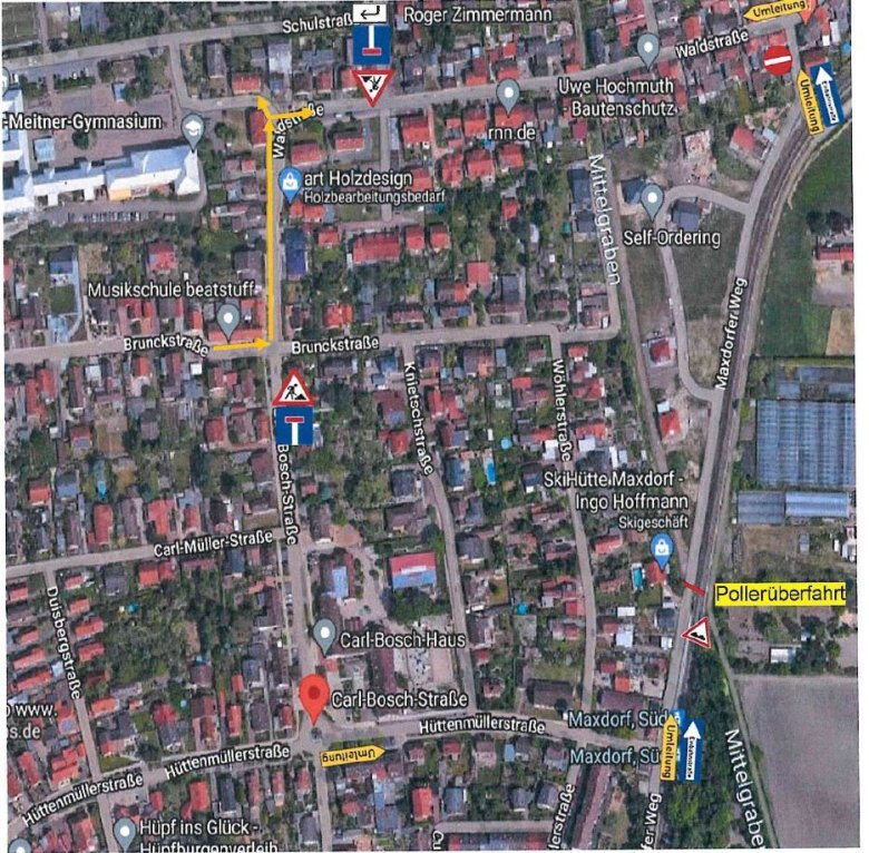 Kartenausschnitt Siedlung Maxdorf mit eingezeichneten Umleitungen und Sperrungen