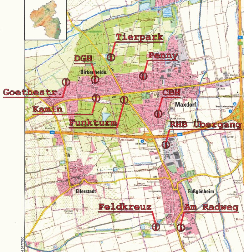 Kartenauschnitt der Verbandsgemeinde Maxdorf  auf der die Sammelstellen für die Müllsäcke eingezeichnet sind