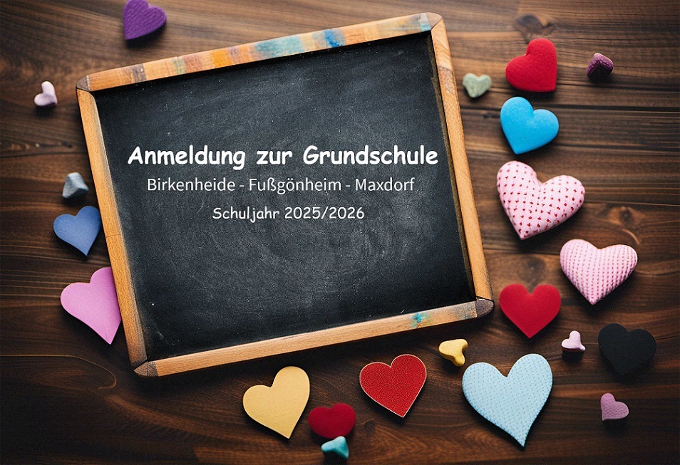 Bild einer kleinen Tafel auf einem Tisch liegend mit Kreideschrift Anmeldung zur Grundschule Birkenheide Fußgönheim Maxdorf Schuljahr 2025 2026