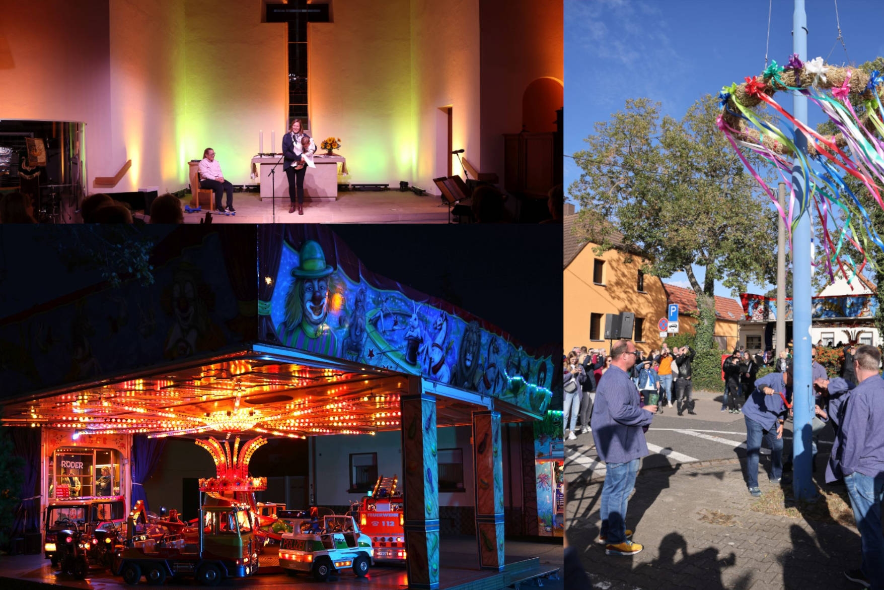 Collage mit Fotos vom Kerweumzug, offenes singen und Kerwe in Maxdorf