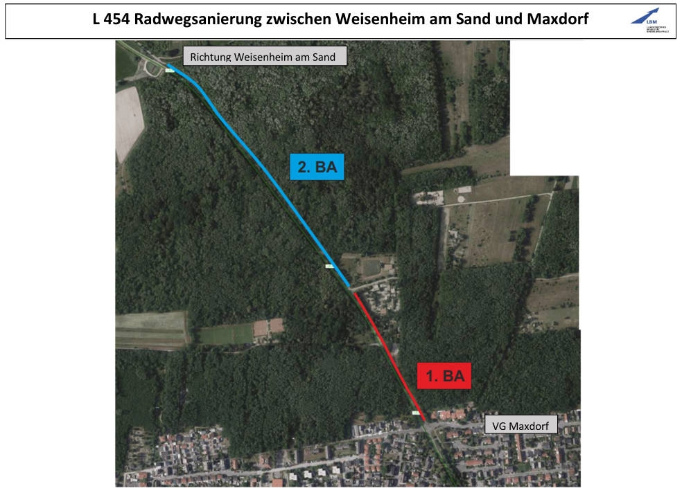 Luftaufnahme vom Radweg zwischen Weisenheim/sand und Maxdorf mit den beiden eingezeichneten Bauabschnitten