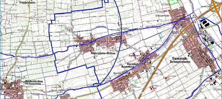 Karte mit eingezeichnetem Gebiet der Faulbrut in Rödersheim-Gronau