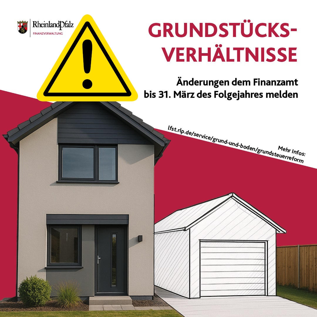 Bild mit Haus, Text Änderungen Grundstücksverhältnisse dem Finanzamt anzeigen bis 31, März des Folgejahres,  inklusive gelbem Warnschild mit Ausrufezeichen
