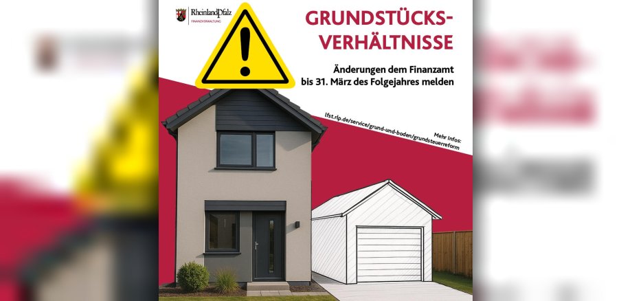 Bild mit Haus, Text Änderungen Grundstücksverhältnisse dem Finanzamt anzeigen bis 31, März des Folgejahres,  inklusive gelbem Warnschild mit Ausrufezeichen