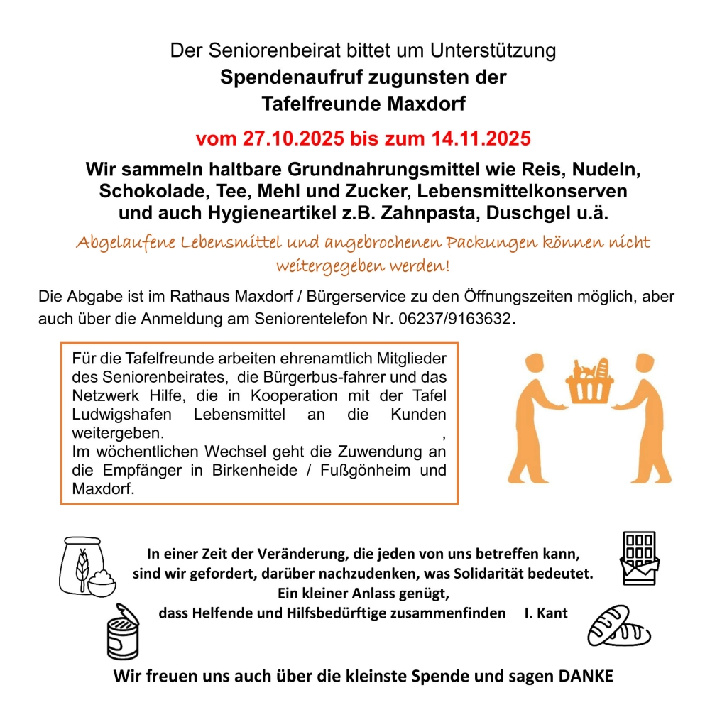 Grafik mit Informationen zum Spendenaufruf des Seniorenbeirates für die Tafelfreunde Maxdorf