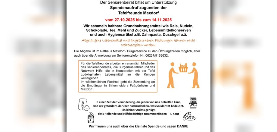 Grafik mit Informationen zum Spendenaufruf des Seniorenbeirates für die Tafelfreunde Maxdorf