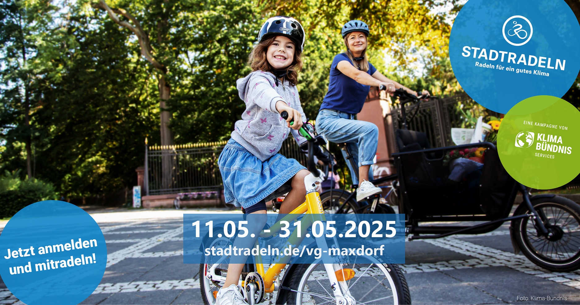 Plakat zum stadtradeln, Foto Frau und Kind inkl Angabe des Zeitraumes