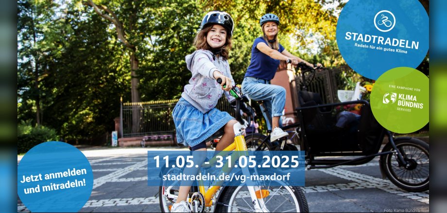 Plakat zum stadtradeln, Foto Frau und Kind inkl Angabe des Zeitraumes