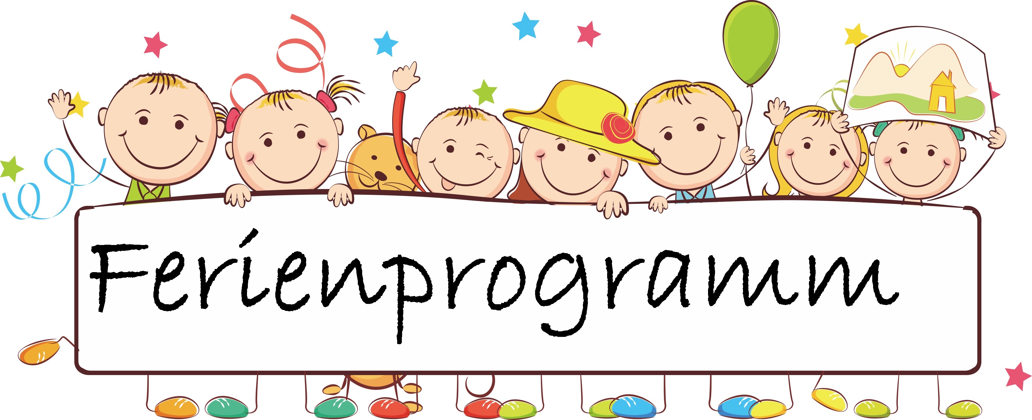 Grafik mit Zeichnung von Kindergesichtern und der Aufschrift Ferienprogramm