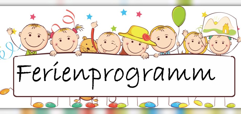 Grafik mit Zeichnung von Kindergesichtern und der Aufschrift Ferienprogramm