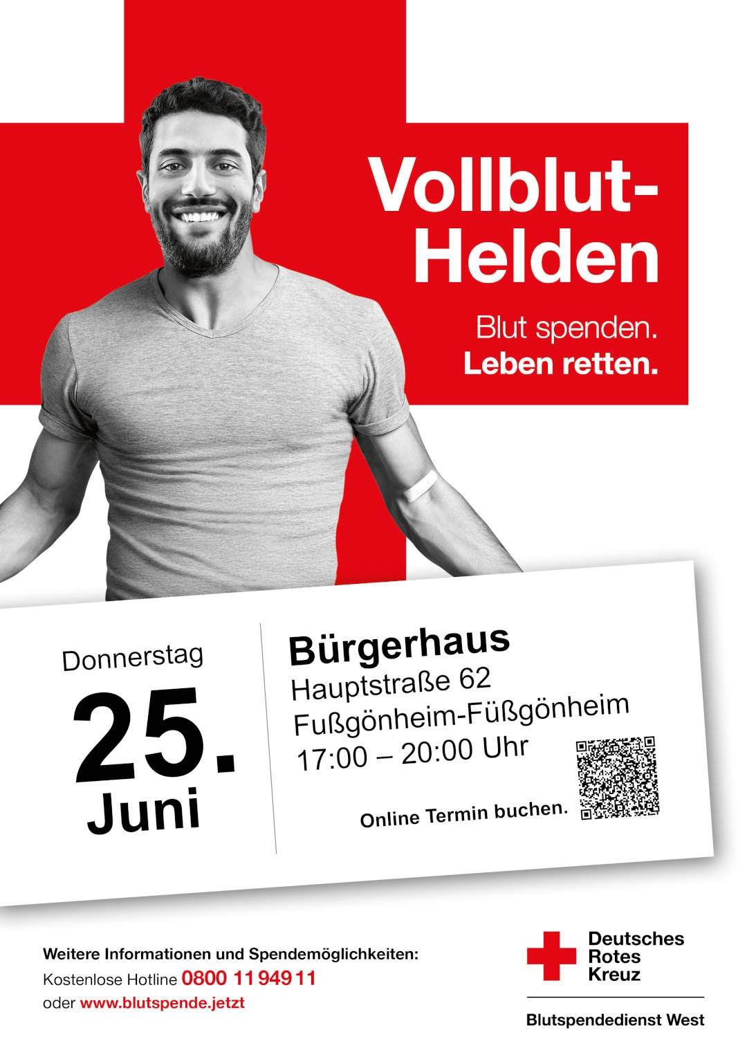 Plakat zur Blutspende des DRK im Bürgerhaus Fußgönheim am 25 Juni 2026 ab 17 Uhr