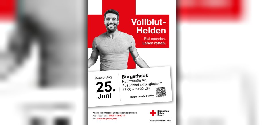 Plakat zur Blutspende des DRK im Bürgerhaus Fußgönheim am 25 Juni 2026 ab 17 Uhr