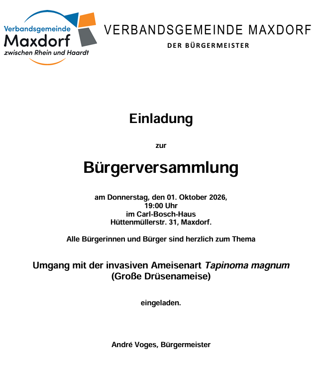 Einladung zur Bürgerversammlung zum Thema "Umgang mit der Ameisenart Tapinoma magnum"