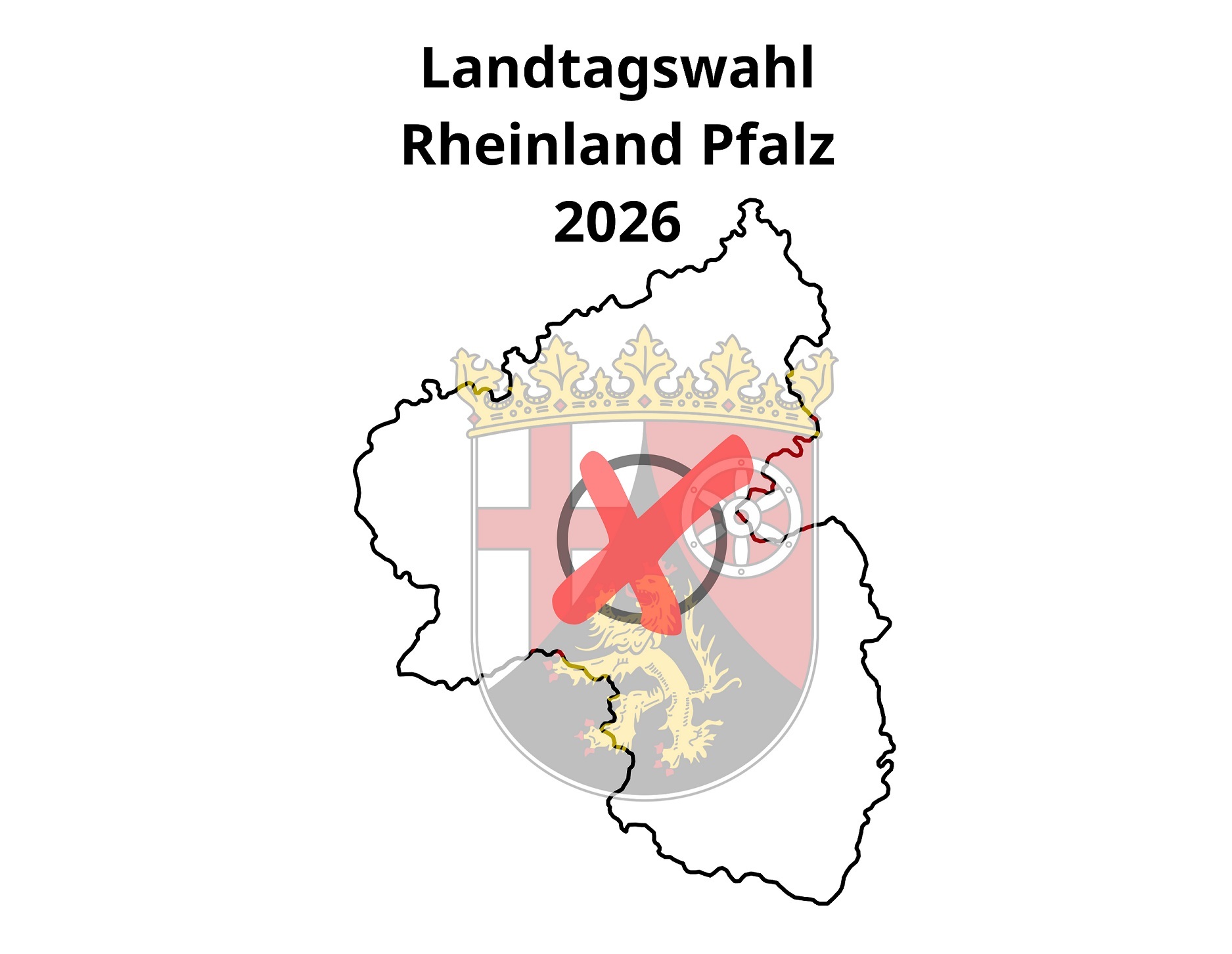 Grafik der Umrisse des Bundeslandes Rheinland-Pfalz mit Landeswappen mittig eingefügt und einem roten Kreuz in schwarzem Kreis