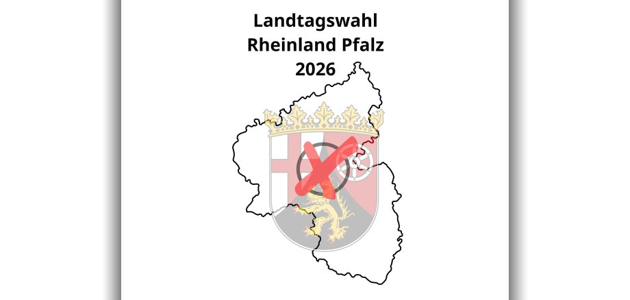 Grafik der Umrisse des Bundeslandes Rheinland-Pfalz mit Landeswappen mittig eingefügt und einem roten Kreuz in schwarzem Kreis