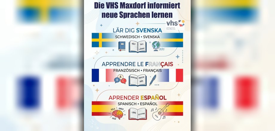 Grafik mit schwedischer französischer und spanischer Flagge und dem Text in der jeweiligen Landessprache die Sprache zu lernen