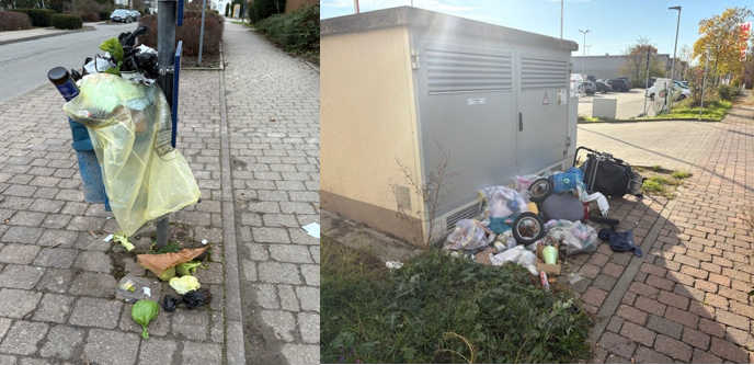 Archivfoto illegal entsorgter Müll an einem Stromhäuschen und überfüllter Mülleimer