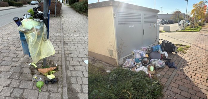 Archivfoto illegal entsorgter Müll an einem Stromhäuschen und überfüllter Mülleimer