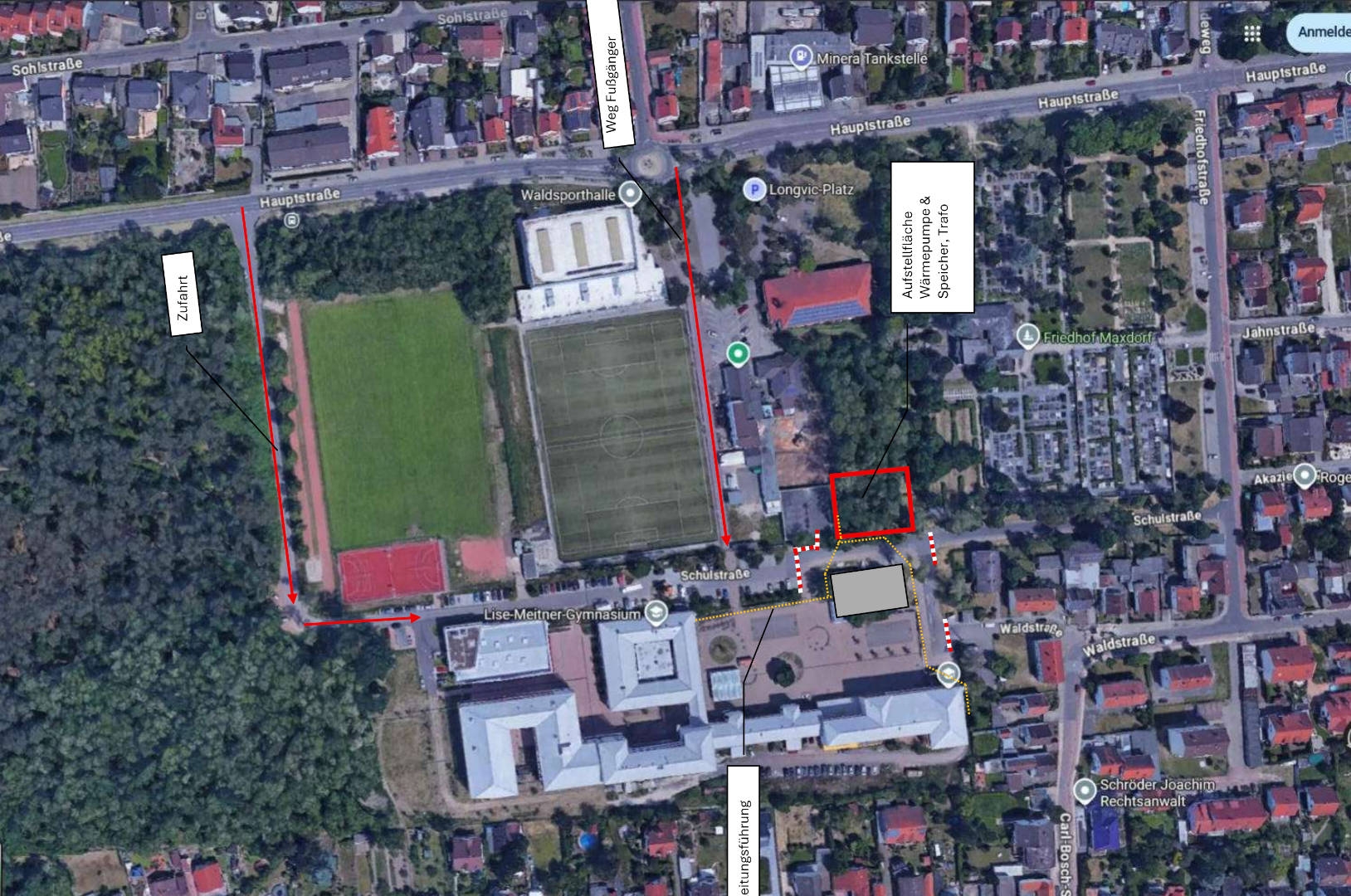 Plan mit eingezeichnetem gesperrten Bereich und Ausweichrouten