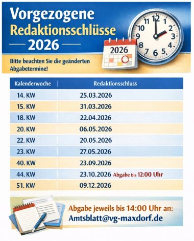 Grafik einer Pinnwand mit den Daten, an denen der Redaktionsschluss vorverlegt wird 2026