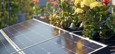 Foto Solarzelle als Balkonkraftwerk mit Blumen im Hintergrund